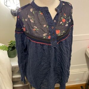 Blue floral women’s blouse with stripes flowy and very oversized